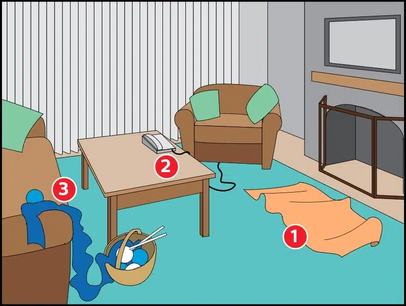 Living Room with fall hazards for seniors