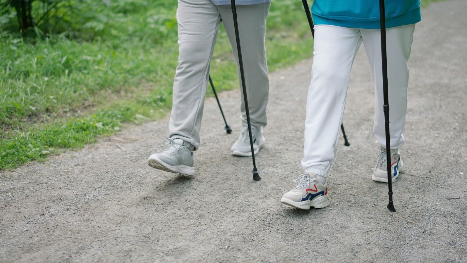 People walking with walking sticks
